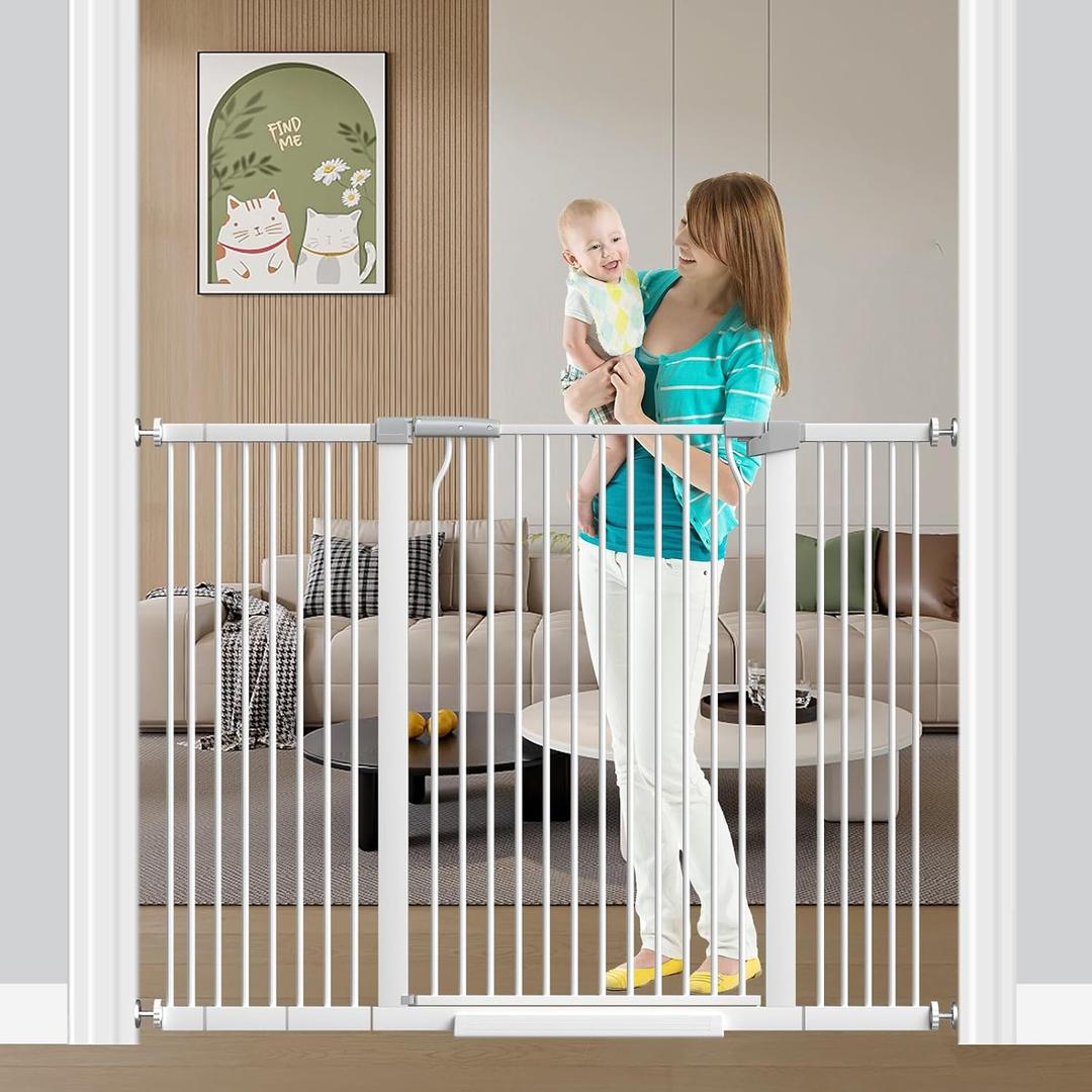 Fairy Baby 40.5" Extra Tall Baby Gate for Stairs, 40.6"-54.7" Extra Wide Dog Pet Gate Indoor Outdoor, Pressure Mounted Walk Thru Swing Metal Safety Child Gate, Cat Puppy Gate for House Doorways, White