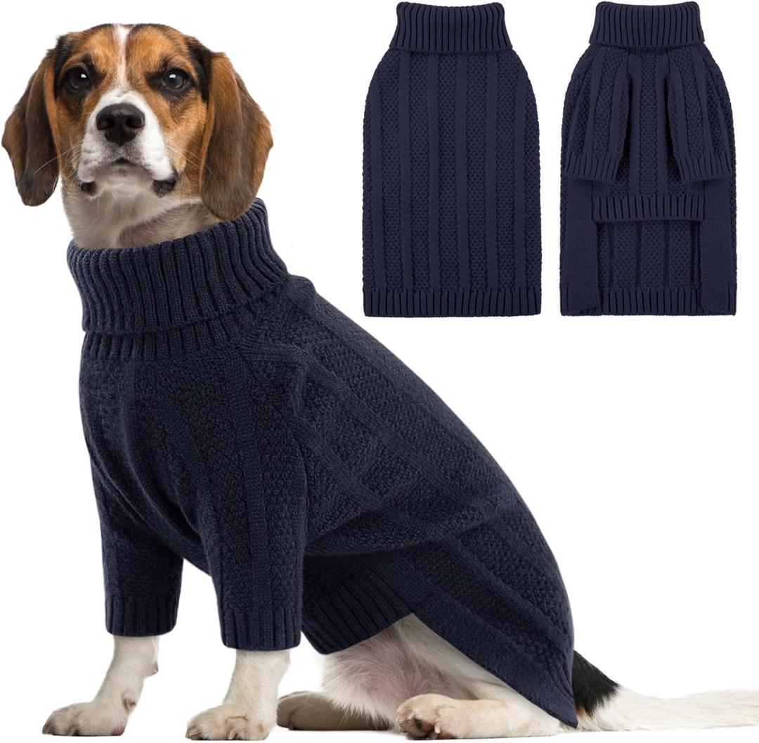 Queenmore Dog Sweater, Large Dogs Sweater Xmas,Turtleneck Pullover Dogs Sweaters for Dog Girls Boys,Sweaters Doggy Large,Thanksgiving Knitted DogSweater for French Bulldog(Dark Navy,L)