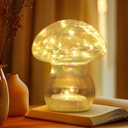 JBGIYOSG Glass Mushroom Table Lamp, 5.9" Cute LED Night Light for Home Decor, Battery Operated (3 AA), Modern Ambient Light for Living Room Bedroom Office Clear