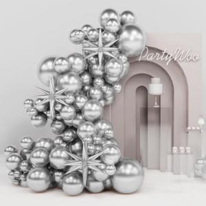 PartyWoo Metallic Silver Star Balloons 110pcs Different Sizes 18 12 10 5 Inch Pack 22 Inch Silver Spike Star Explosion Foil Mylar Balloon Arch Kit for Birthday Party Decorations Silver-G102
