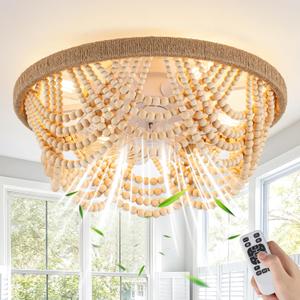 20" Boho Ceiling Fan with Light, Wood Beaded Flush Mount Ceiling Fans with 6 Speeds 3 Timing, Bohemian Caged Ceiling Fan for Living Room Kitchen Bedroom Nursery