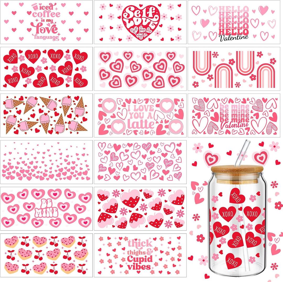 Resurhang 15 Sheets Valentine's Day UV Dtf Cup Wrap Transfer Stickers for 16 oz Pink Heart Dtf Cup Wraps for Glass Water Bottle Waterproof Rub on Transfers Mug Decals Crafting DIY Decor