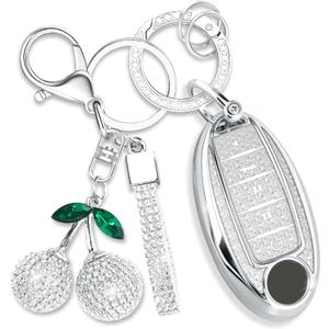 Sparkly Key Fob Cover with Cherry Keychain, Bling TPU Smart Key Case for Women, Compatible with Nissan Altima Armada Maxima Murano Pathfinder Rogue Sedan Sentra Versa (5-Button, Silver)