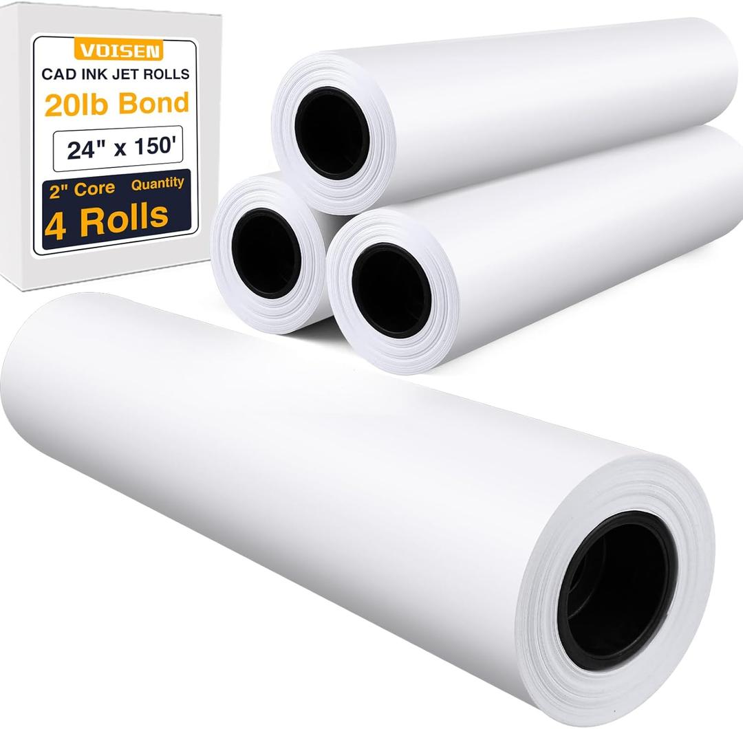 VOISEN Wide Format Paper,4 Rolls Plotter Paper 24 In x 150 Ft, CAD Bond Rolls,20lb,Bond Paper on 2" Core for CAD Printing on Wide Format Ink Jet Printers