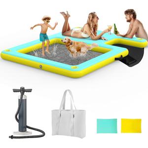 Inflatable Dock Floating Platform, 8FT x 6FT Inflatable Water Hammock w/Ladder, Thickened Dog Pool Ramp, Non-Slip Water Ramp Mat Floating Pool Float Island Raft Lounger for Lakes, Beach, Pools