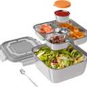 Stainless Steel Salad Container, 64oz Bowl with Built-in Spork, 3-Compartment Bento-Style Tray, and Dressing Container for Salad Toppings & Snacks