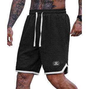 VOGSTART Mens Waffle Sweat Shorts Basketball Athletic Casual Midweight 8'' Inseam Shorts with Pockets (S-XXL) (Black, L)