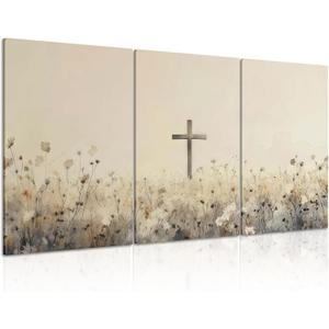 QKYKISS 3Pcs Jesus Wall Art Nature Wildflowers Cross Canvas Poster Religious Pastoral Scenery Picture Rustic Meadow Mural Country Flowers Art Print Living Room Bedroom Office wooden frame16x24in