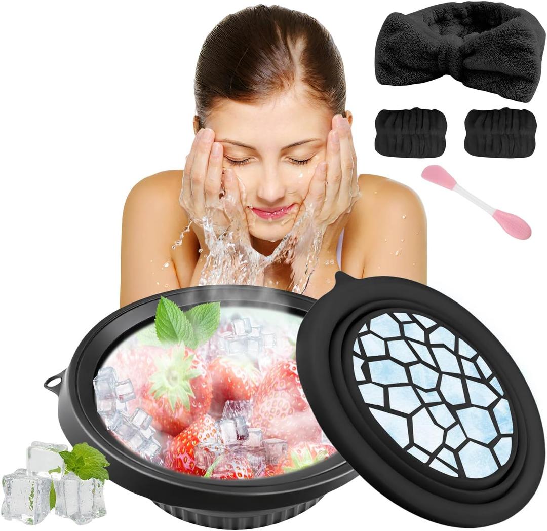 Face Tub for Ice Bath with Built-In Icetray, Collapsible Silicone Ice Face Bowl with Skincare Headband and Mask Brush, Cold Plunge Tub for Face,for Skin Tightening, Puffiness, Acne Relief & Glow