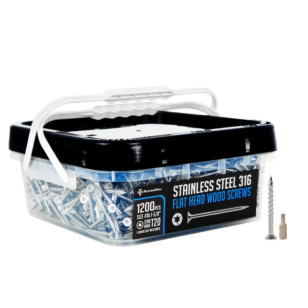 #8x1-5/8 Marine Grade 316 Stainless Steel Deck Screws, 1200 PCS, Flat Head T20, Type 17 Point, Rust Resistant, Quick Drive, Strong Grip for Outdoor Wood Projects, Bit Included