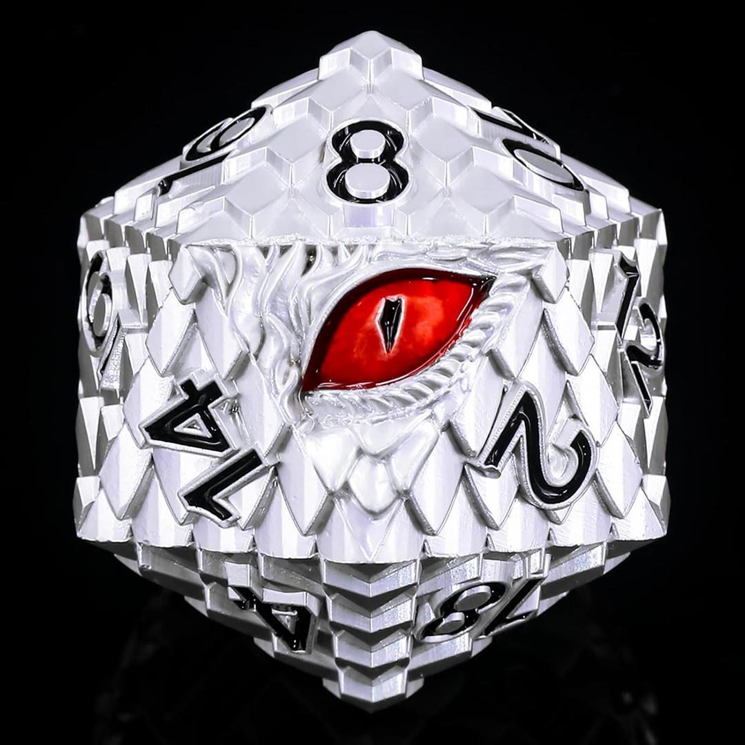 1 die Metal D20 DND Dice - Dragon Scale Metallic 20 Sided Giant Polyhedral Dice,35mm Large Dragon Eye Metal D&D Dice for Dungeons and Dragon Tabletop Game(White Dragon Scale)
