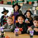 24 Set Creative Halloween Classroom Favor Trick or Treat Plastic Cup with Lid Colorful Straw Sticker and Raffia Treat Loot Bag Set for Kid Student Halloween Party Favor School Class Gift Idea