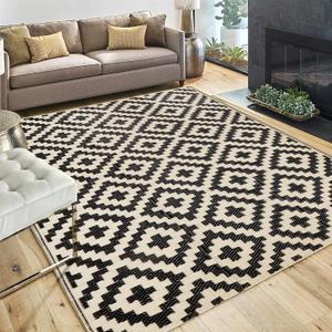 SAND MINE Reversible Mats, Plastic Straw Rug, Modern Area Rug, Large Floor Mat and Rug for Outdoors, RV, Patio, Deck, Beach, Camping (Black & Beige Lattice, 4' x 6', -3% to 5% Size Variance)