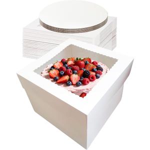 5 Pack Cake Boxes,10x10x8 Inch Tall Cake Box with Cake Boards 10",Disposable Cake Containers with Lids,White Bakery Boxes with Large Window,for Layer Cakes,Pies,Donuts,Cookies,Wedding,Birthday,Party