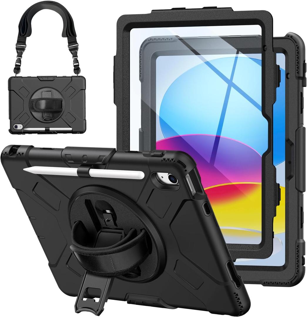 for iPad(A16) 11 inch 2025 case/10.9 inch iPad 10th Generation Case, Heavty Duty Shockproof Full Protective Case with Screen Protector and Rotatable Hand Strap, Shoulder Strap (Black)