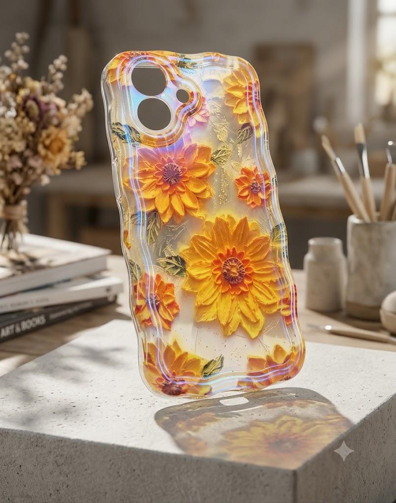 OOK Oil Painting Phone Case for iPhone 16e Yellow Sunflower | Laser Glossy Cute Oil Painting Flower Pattern Curly Waves Bumper Design Soft Protective Cover for Girls Women