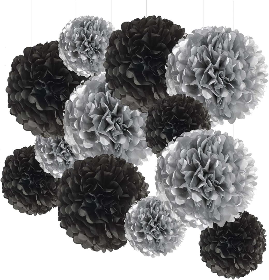 YESON Black and Silver Tissue Paper Pom Poms Hanging Tissue Flowers Poms Decorations Pack of 12 for Wedding, Birthday,Party Backdrop Decor ect. (12", 10",Tissue Paper Flowers)