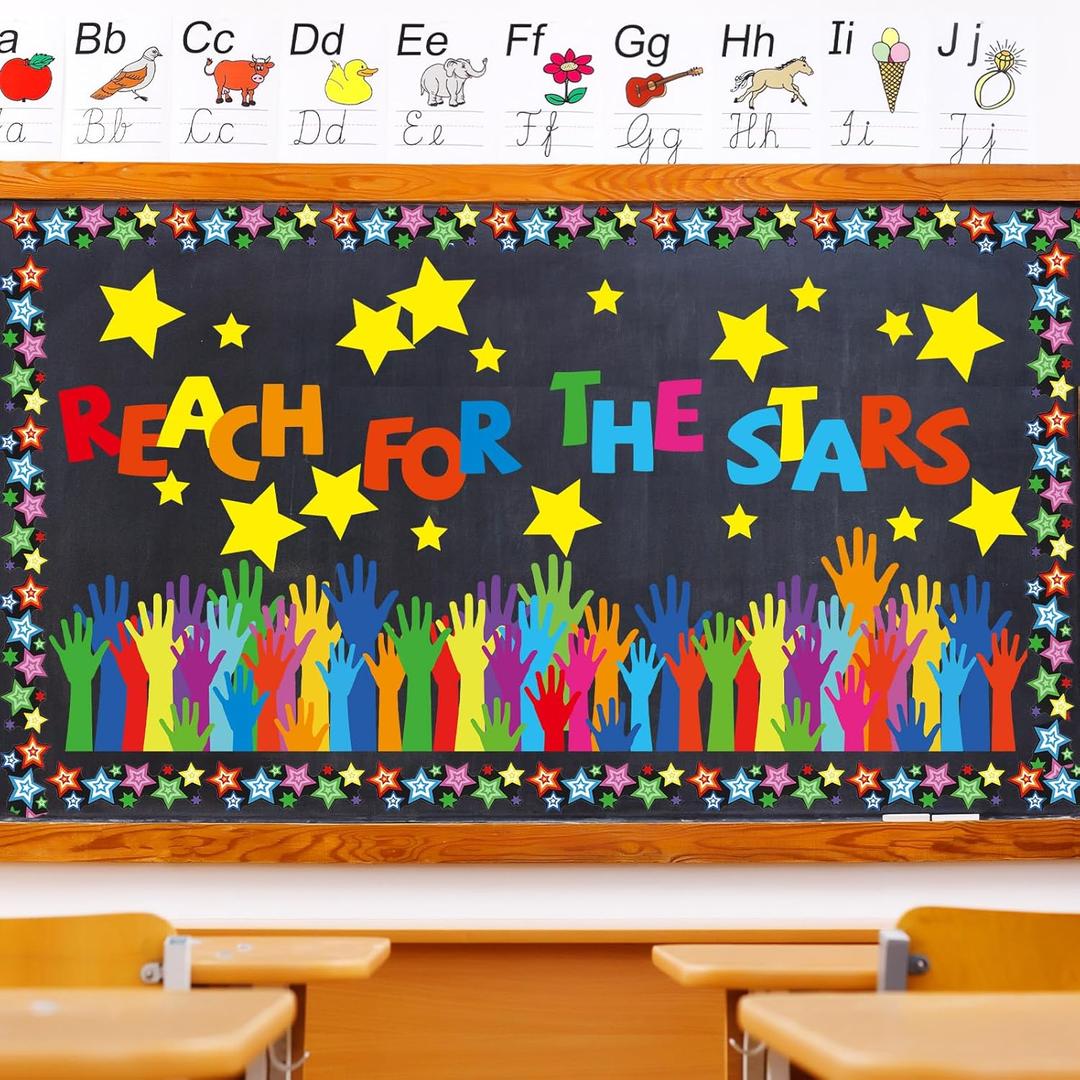 136 Pcs Reach for The Stars Classroom Bulletin Board Star Cutouts Back to School Classroom Bulletin Board Decor for Preschool Supplies Chalkboard Wall Decor