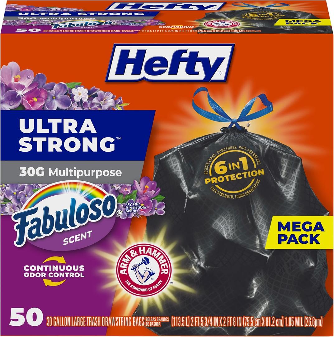 Hefty Ultra Strong 30 Gallon Trash Bags, Large Trash Bags 30 Gallon Size, Multipurpose, Break Resistant Drawstring Closure, Resists Leaks, Punctures, and Tears, Black, Fabuloso Scent, 50 Bags (50 Count (Pack of 1))