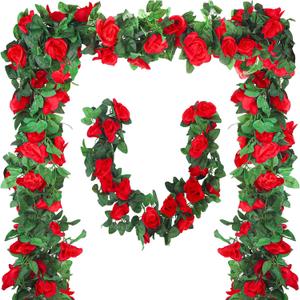 Aneco 8 Pack 64 FT Red Flower Garland Kentucky Artificial Rose Vines Derby Roses Fake Vine Flowers Plants Party Supplies for Kentucky Holiday Wedding Garden Craft Art Decoration