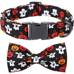 Maca Bates Halloween Dog Collar Spooky Ghost Dogs Collars with Bow Black and White Puppy Colar with Bowtie Adjustable Birthday Gift for XS Small Medium Large XL Girls Boys Male Female Dogs Pet