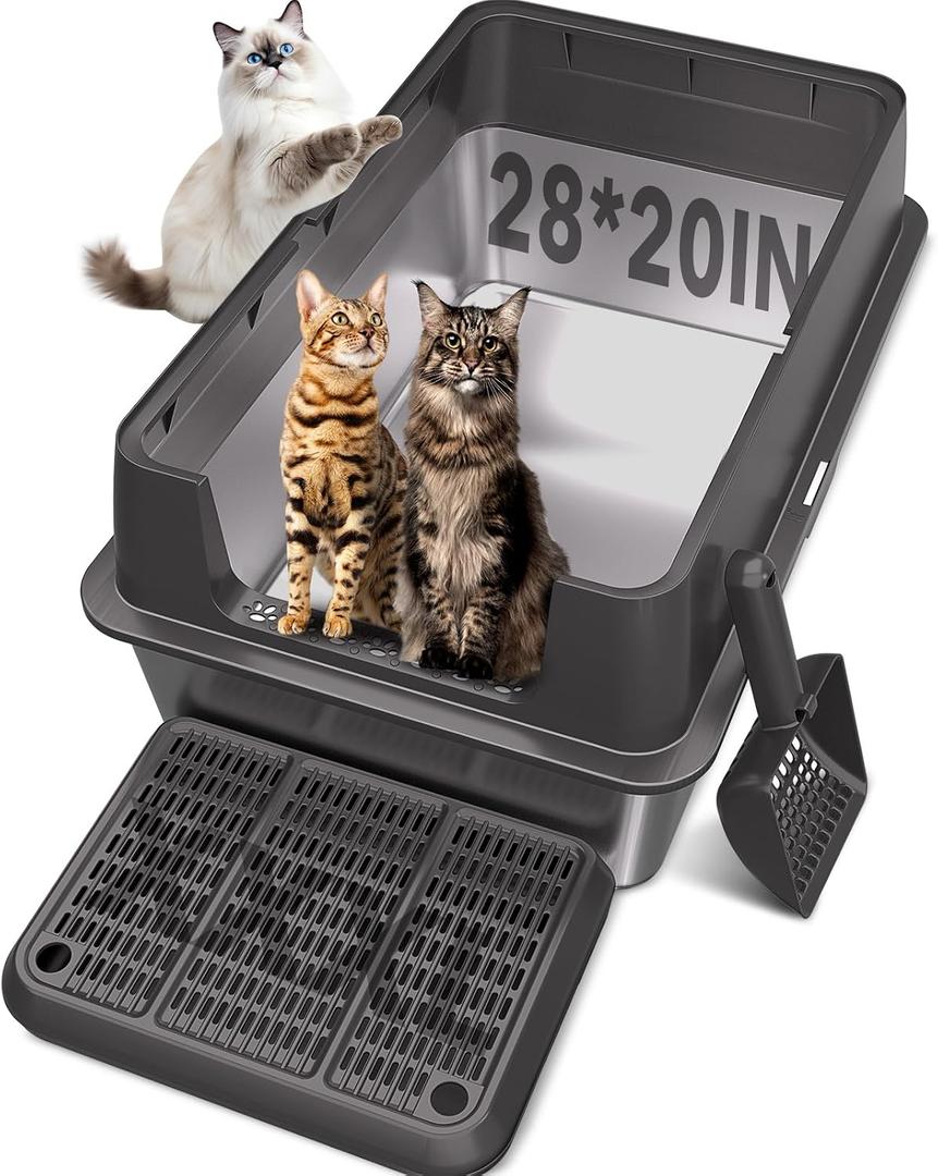 XXL Stainless Steel Litter Box with Lid, 28" Lx20 W Extra Large Cat Litter Boxes for Big Cats, Jumbo Metal Litter Box with Footboard & Scoop,Anti-Leakage,Non-Sticky,Odorless,Easy to Clean