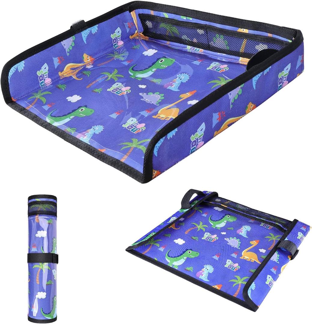 COOLBEBE Airplane Tray Table Cover, Foldable Travel Tray Cover for Toddlers 1-3, Universal Fit for Airplane, Car Seat, High Chair, Machine Washable, Portable, Blue Dinosaur (1.97"D x 16.9"W x 12.6"H)