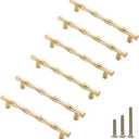 6Pcs Bamboo Shape Solid Zinc Alloy Cabinet Knobs Handles, Dresser Drawer Cabinet Cupboard Closet Door Pulls Decorative Furniture Accessories Knobs (Length 6.1"/Hole Distance 5", Golden)