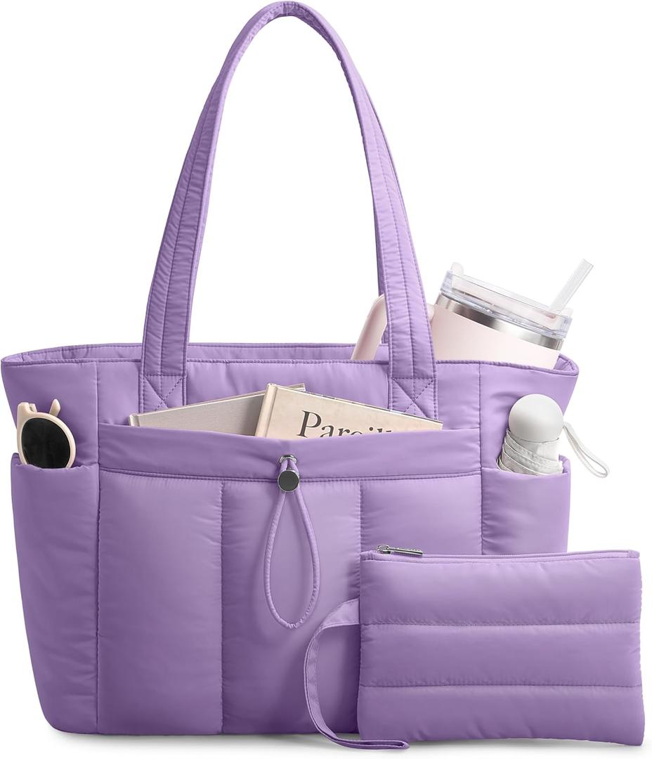 TOPDesign Puffy Tote Bag for Women with Cup Holder & Laptop Compartment & Cosmetic Bag & Trolley Sleeve for Work, Travel