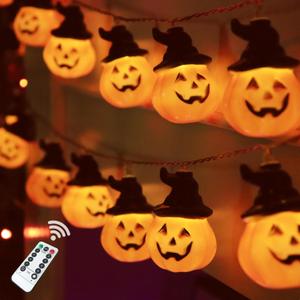 Halloween Pumpkin String Lights with Witch Hat, 20 LED 16.4FT 8 Modes Timer 3D Waterproof Orange Jack-O-Lantern Battery Operated Flickering Lights for Indoor Outdoor Decor Party Decorations
