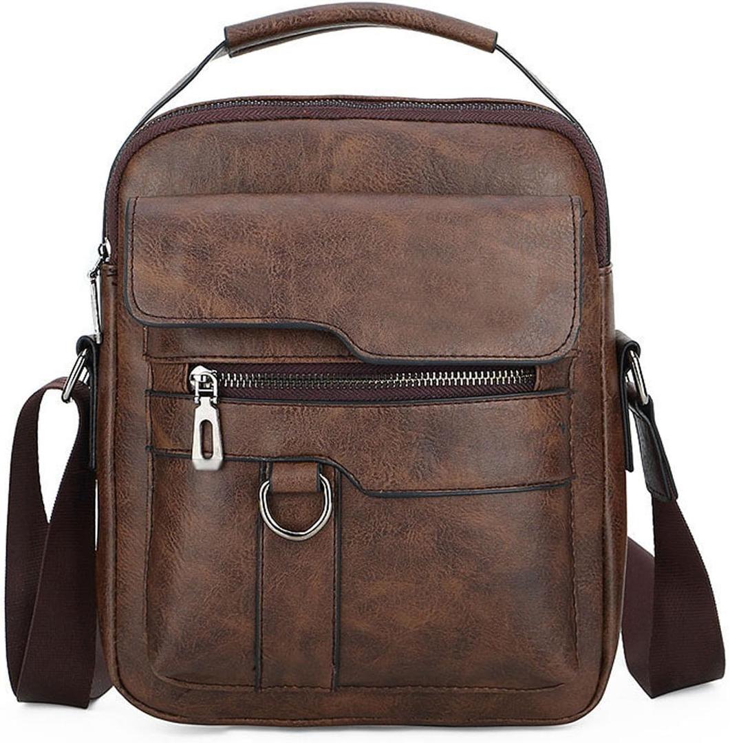 Small Crossbody Bag, Mens Shoulder Bag, Vintage leather Bag Office Business for Men, Handbag Purse Zipper (Brown)