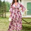 EYWOL Wedding Guest Dress Plus Size Ruffle Bell Sleeve V Neck A Line Flowy Empire Waist Maxi Dresses with Slit (Pink, M)