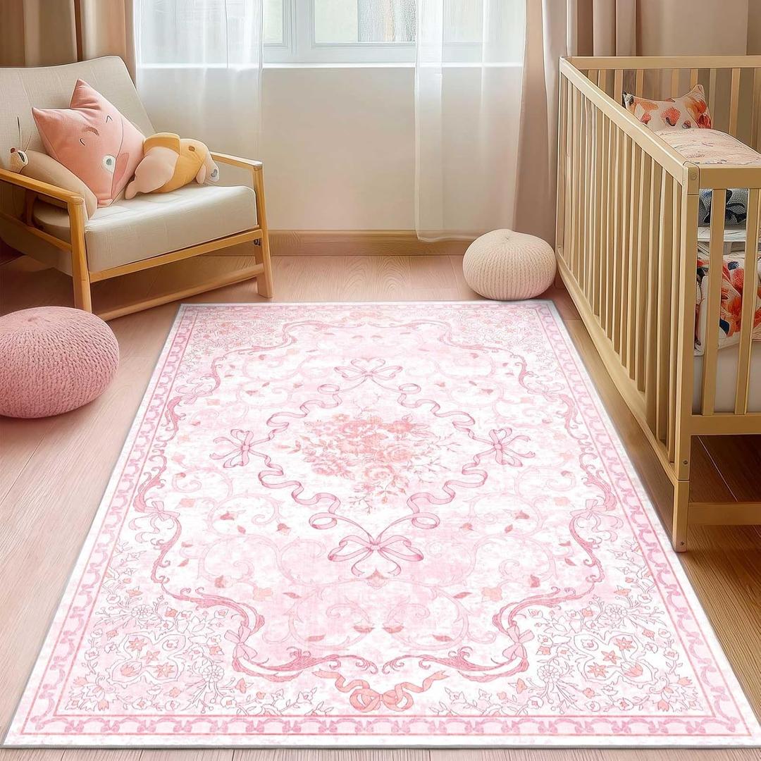 Pink Bow Rug for Bedroom Girls,3x5 Nursery Rugs for Living Room with Soft Low Pile, Cute Vintage Non Slip Washable Rug for Nursery Kids Playroom Dining Room College Dorm Girl