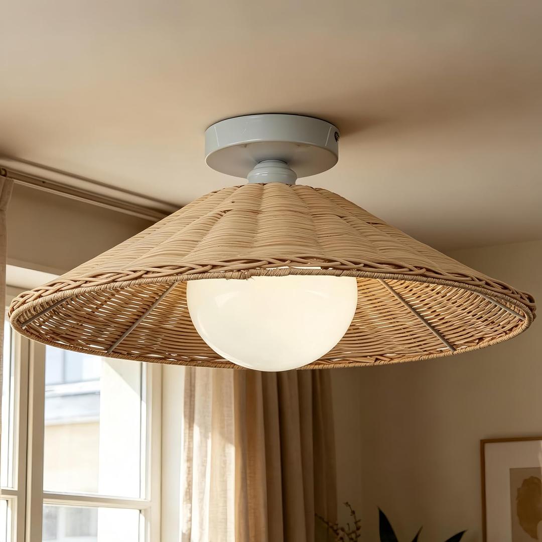 17.7" Rattan Boho Ceiling Light Fixture, Hand Woven Wicker Flush Mount for Dining Room, Rustic Ceiling Lighting for Living Room, Bedroom