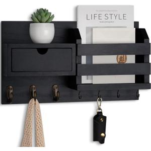 Lwenki Wall Mount Key Holder with Mail Organizer, 100% Paulownia Wood, 7 Metal Hooks, Storage Drawer, Entryway Home Decor (Black)