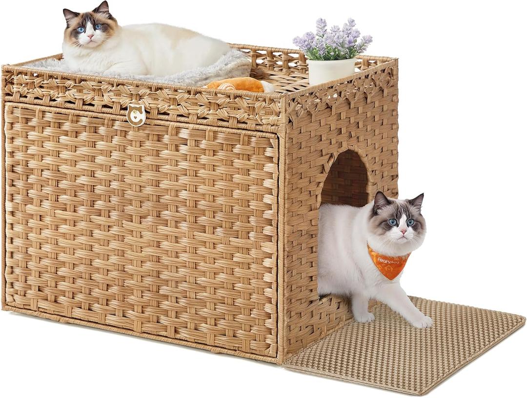 Feandrea Cat Litter Box Enclosure, Handwoven Rattan Hidden Litter Box Furniture with Extra Litter Mat, Removable Washable Tray, Boho Cat House, End Table, Goose Yellow UPCL014K01