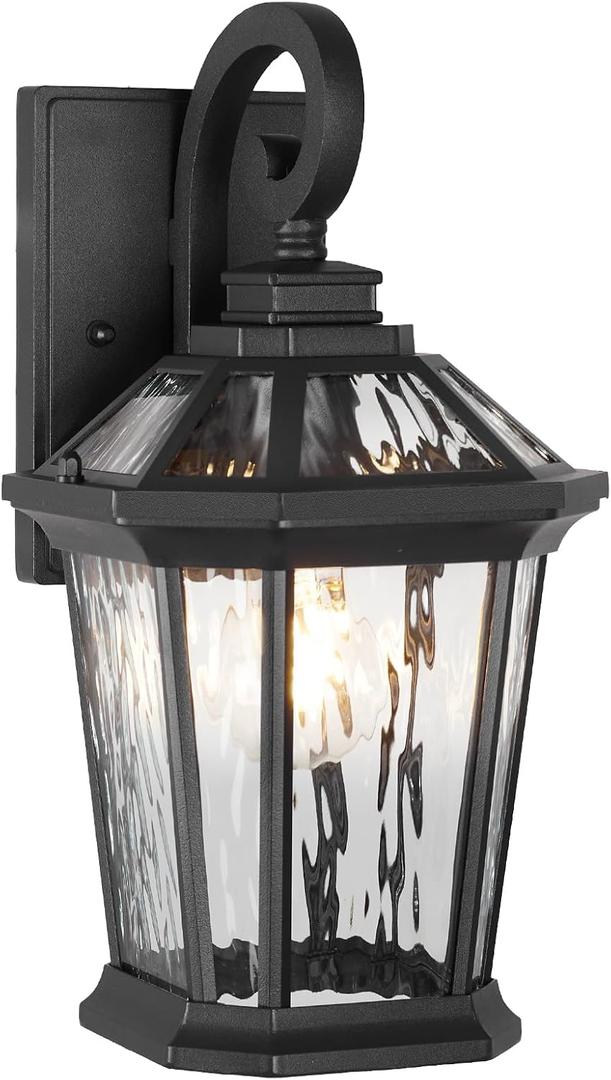 JYZ Outdoor Wall Light Lantern, 14" Modern Exterior Wall Sconce with Hammered Water Ripple Glass, Waterproof Anti-Rust Matte Black Outside Lighting Fixture for Front Door, Porch, Garage, Patio, Medium-1 Pack