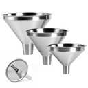 4-Piece Stainless Steel Kitchen Funnel Set, Includes 3 Funnel Sizes and 1 Strainer. Ideal for transferring seasonings, Oils, Liquids, Dry Goods and Powders. Durable and Easy to Clean.