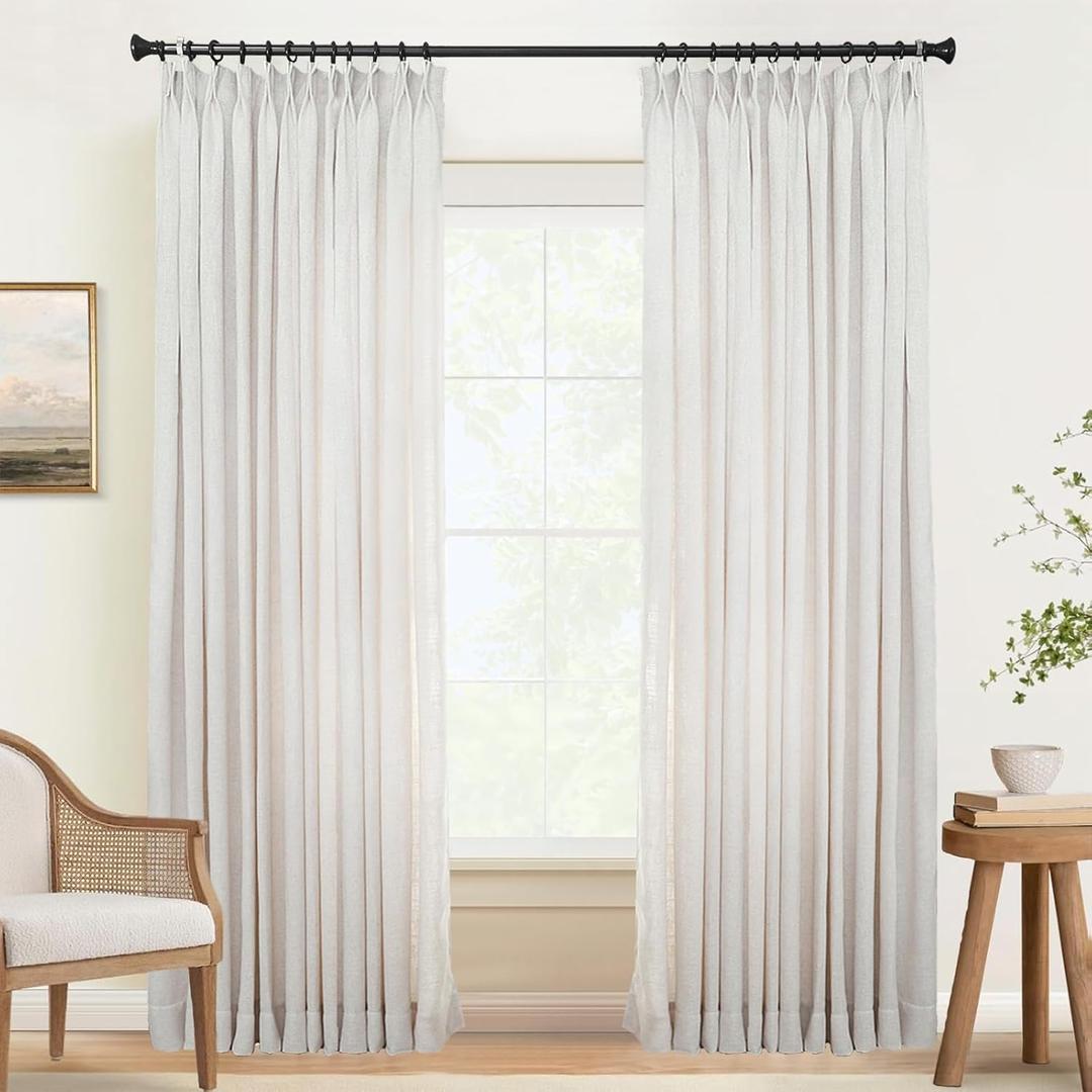 Pinch Pleat Curtain, 60 W x 102 L inch Room Darkening Cotton Linen Curtain Drape Panel for Living Room and Silding Door (1 Single Panel, Beige)