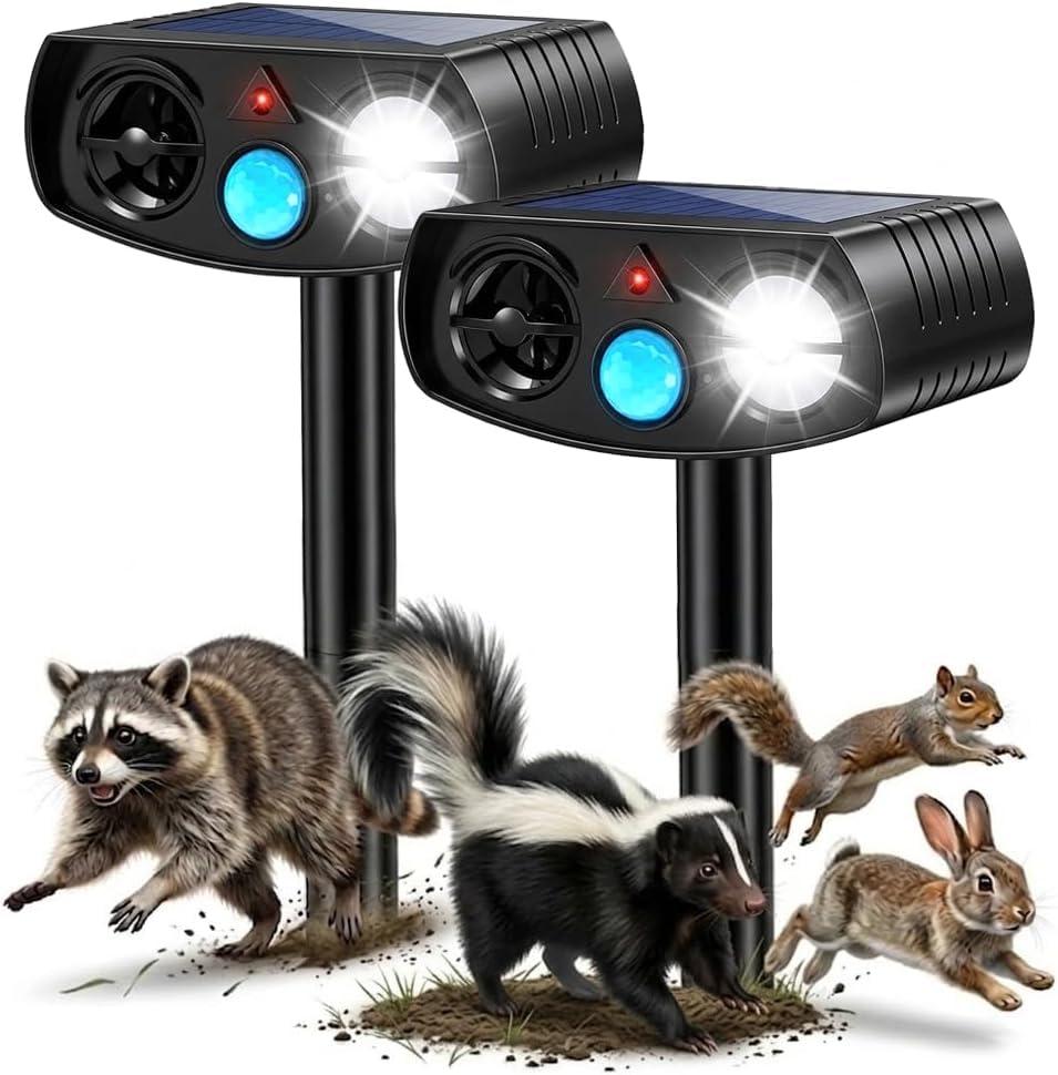 Solar Animal Repeller Outdoor, Motion Activated Ultrasonic Pest Deterrent with LED Light, Waterproof Repellent for Yard Garden, Raccoon Squirrel Rabbit Cat Dog, 2 Pack