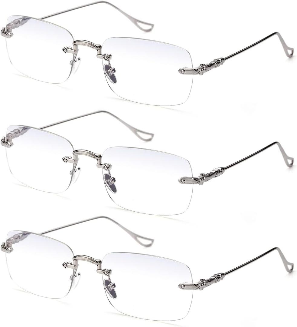 TERAISE Frameless Metal Reading Glasses for Men/Women Blue Light Blocking -Rimless Fashion Comfortable Computer Eyeglasses (3pcs Silver)