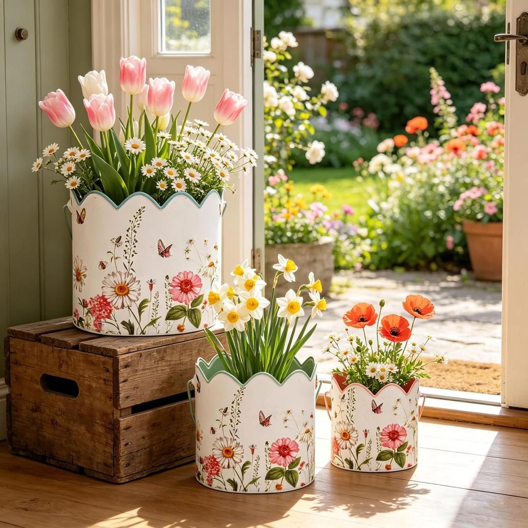 Set of 3 Vintage Floral Metal Planters Rustic Flower Pots with Wooden Handle, Farmhouse Decorative Floral Buckets for Dried Flowers, Faux Plants, Home Garden Decor