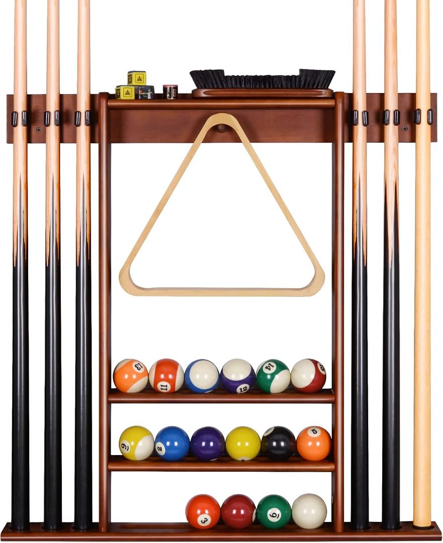 XCSOURCE Pool Cue Rack Only, Pool Stick Holder Wall Mount, 6 Pool Billiard Stick + Ball Set Pool Cue Holder, Pool Table Accessories for Billiard Room Man cave (Cherry)