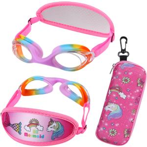 Kid swim goggles Age 3-8,Toddler Goggles No Hair Pull, Children Swimming goggles Fbric Strap (1pk - Jr Rainbow)