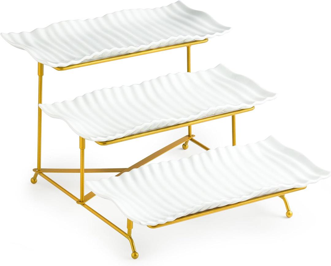 LAUCHUH 3 Tier Trays Stand, Porcelain Serving Trays Collapsible Sturdier Stand Serving Platters Dessert Table Display Set for Indoor Mother's Day Party, Entertaining, Gold, 12.2 Inch