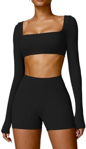 ABOCIW Women Square Neck Long Sleeve Workout Crop Top Low Medium Impact Athletic Yoga Gym Shirts with Built in Bra(ONLY TOP) Black, S