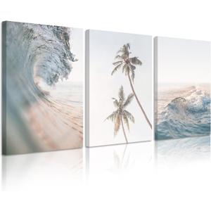 Beach Wall Art Pictures Coastal Canvas Wall Decor Ocean Waves Poster Blue Beach Scene Artwork Palm Tree Art Coastal Landscape Prints for Living Room Bedroom 12x16 Inch Wrapped Canvas Set of 3