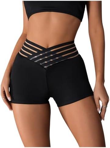 OYOANGLE Women's Mesh Criss Cross High Waisted Workout Biker Shorts Stretchy Gym Athletic Short Leggings Size S -M