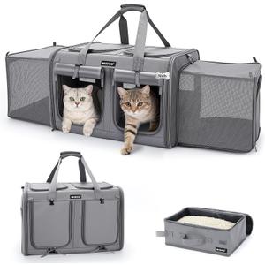 MIDOG 2 Cat Carrier with Litter Box, Expandable Dual Compartment Cat Carrier for 2 Cats, Large Soft Sided Double Pet Carrier for Car Travel, Moving