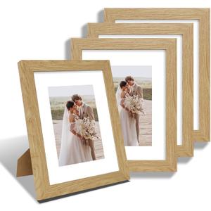 Hongkee 8x10 Picture Frame Set of 4, Made of Real Glass and Natural Oak Wooden Frame, 8 by 10 Photo for Wall or Tabletop - Display Picture 5x7 with Mat or 8x10 Without Mat